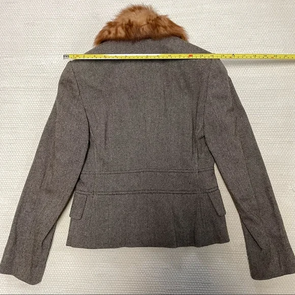 Banana Republic Brown Herringbone Blazer Jacket Removable Fur Collar Size 0P - Picture 6 of 10